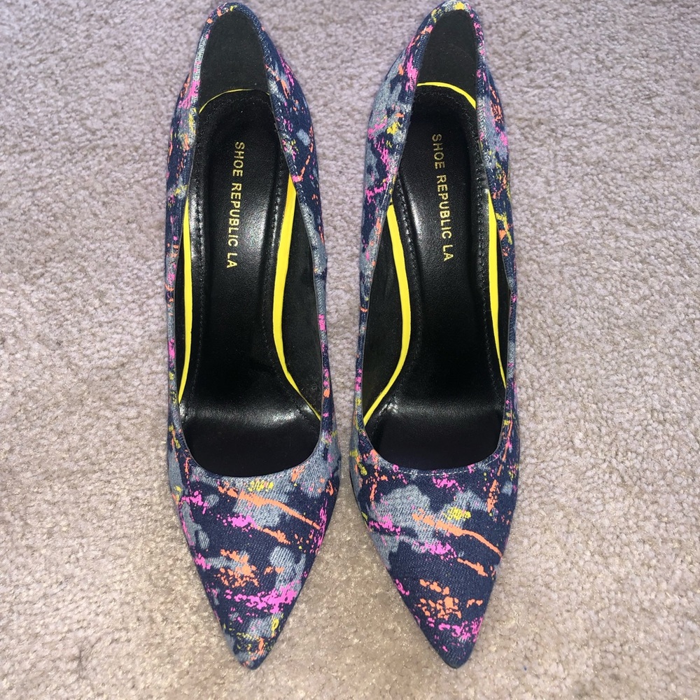 Denim Neon Paint Splatter Stiletto Heels - Pink, Yellow, Blue Jeans Retro 80s - Picture 2 of 6